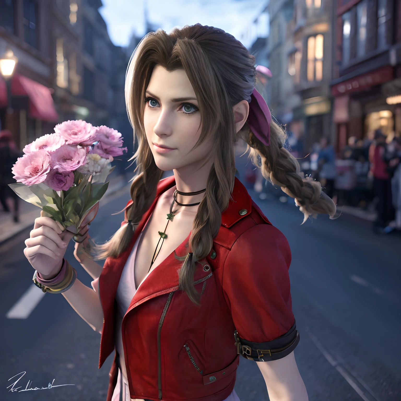 Aerith Gainsborough, in his signature costume from the game Final Fantasy VII selling flowers on a dimly lit street, ella se ve preocupada, pero tiene unos ojos azules brillantes, cinematic,  photorealistic, 8k, 3D, HSLD