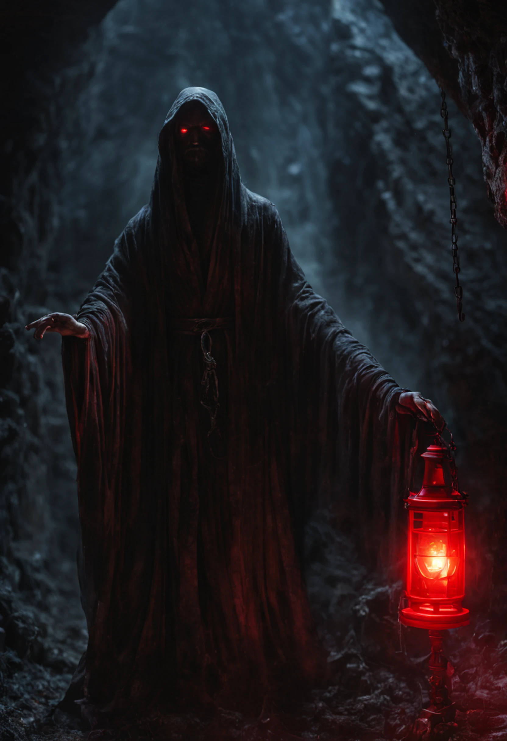 ((8k, very high resolution, masterpiece))), generate a high-resolution image of a wraith, a malevolent spirit that roams the mortal realm in search of souls to claim. The wraith is to be represented as a covert figure, his face obscured by a red cloth and his body shrouded in an ethereal, ghostly mist. The wraith must be holding a flashlight that emits a spectral light, which he uses to guide the souls he deems unworthy of resting until their final destination. The lantern is attached to one of his hands wrapped with a spiked chain, and must swing under his outstretched arm as he points at the viewer. The setting should be dark and frightening, portraying the wraith as a harbinger of death and despair. The background is an icy, dark cave, the light faint, mostly coming from the flashlight of the spectrum. Colors should be soft and menacing, with a focus on shades of red and blue. Use Stable Diffusion to ensure that the generated image is visually consistent and coherent, with a high level of detail and realism.