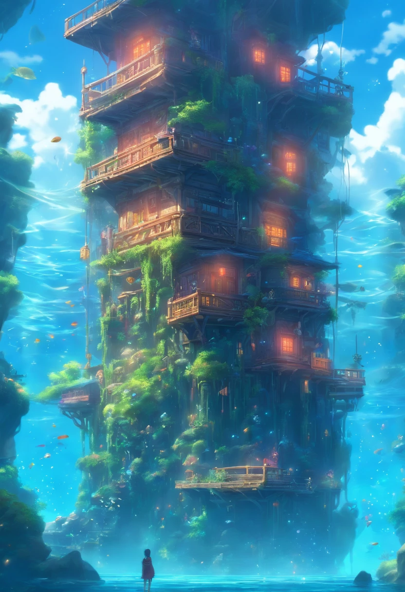 Cor (fantasia: 1.2), (Estilo Hayao Miyazaki), (Irregular building floating under the sea), casas de retalhos, Moss decorations, coral, Luzes, arte conceitual inspirada em Andreas Rocha, Vencedor do concurso Artstation, arte de fantasia, (underwater city), Tran Ross, eixos leves, realistic lighting, master part, alta qualidade, graphics beautiful, High detail, master part, alta qualidade, graphics beautiful, High detail, --V6