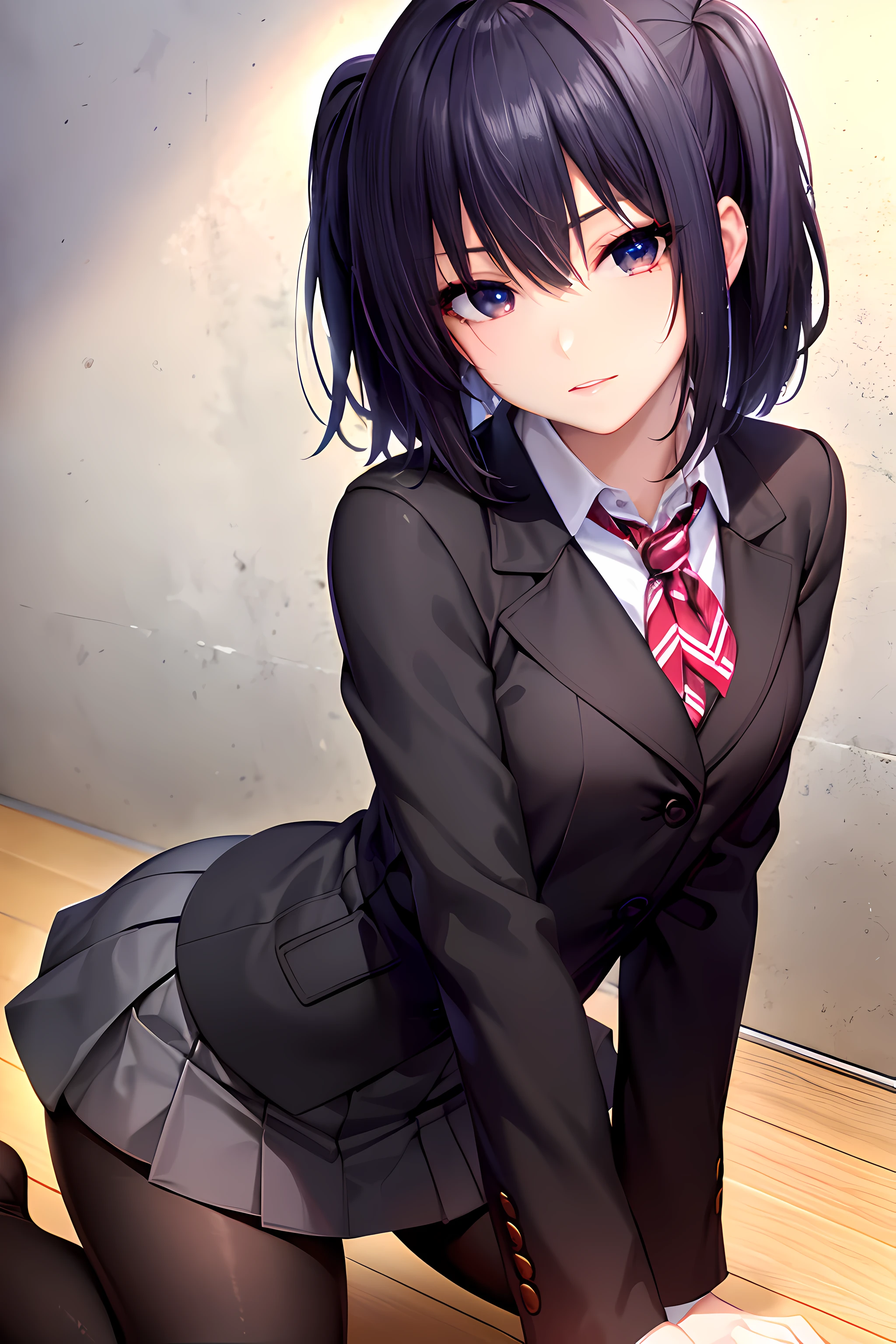 (8k), (high resolution), (masterpiece), best quality, expressive eyes, perfect face, A girl girl wearing a black miniskirt and black pantyhose with a red and black blazer one, school girl, heart eyes, looking at viewer with lust, Dark brown hair, kneeling, small chest, down to viewer's eye level, ((very close to viewer))