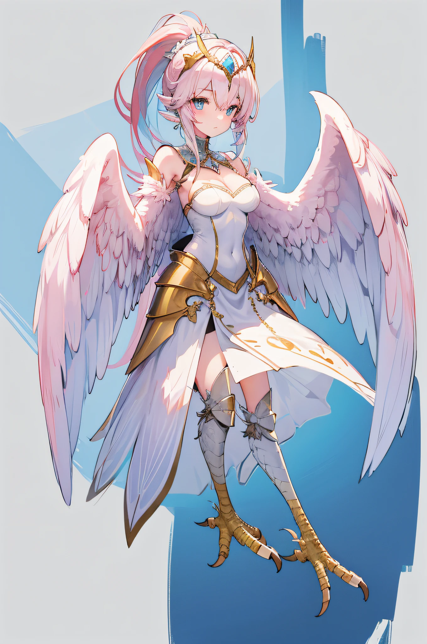 4k,hight resolution,One Woman,harpy,White pink hair,Long ponytail,Light blue eyes,White wings,Golden toenails,White Knight's Armor,Heavy Armor,Winged headgear,Pink Gemstone Decoration