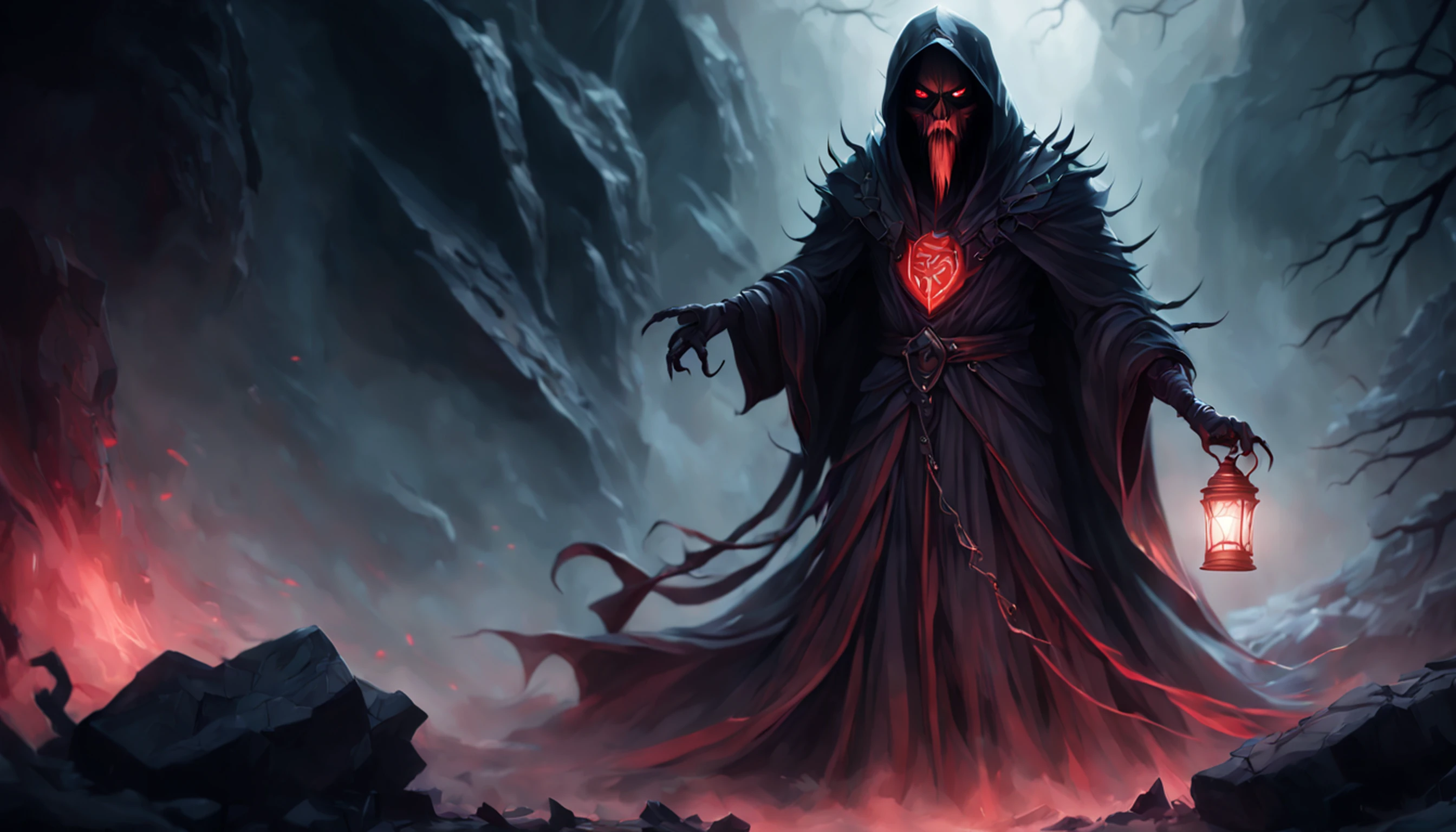 ((8k, very high resolution, masterpiece))), generate a high-resolution image of a wraith, a malevolent spirit that roams the mortal realm in search of souls to claim. The wraith is to be represented as a covert figure, his face obscured by a red cloth and his body shrouded in an ethereal, ghostly mist. The wraith must be holding a flashlight that emits a spectral light, which he uses to guide the souls he deems unworthy of resting until their final destination. The lantern is attached to one of his hands wrapped with a spiked chain, and must swing under his outstretched arm as he points at the viewer. The setting should be dark and frightening, portraying the wraith as a harbinger of death and despair. The background is an icy, dark cave, the light faint, mostly coming from the flashlight of the spectrum. Colors should be soft and menacing, with a focus on shades of red and blue. Use Stable Diffusion to ensure that the generated image is visually consistent and coherent, with a high level of detail and realism.
