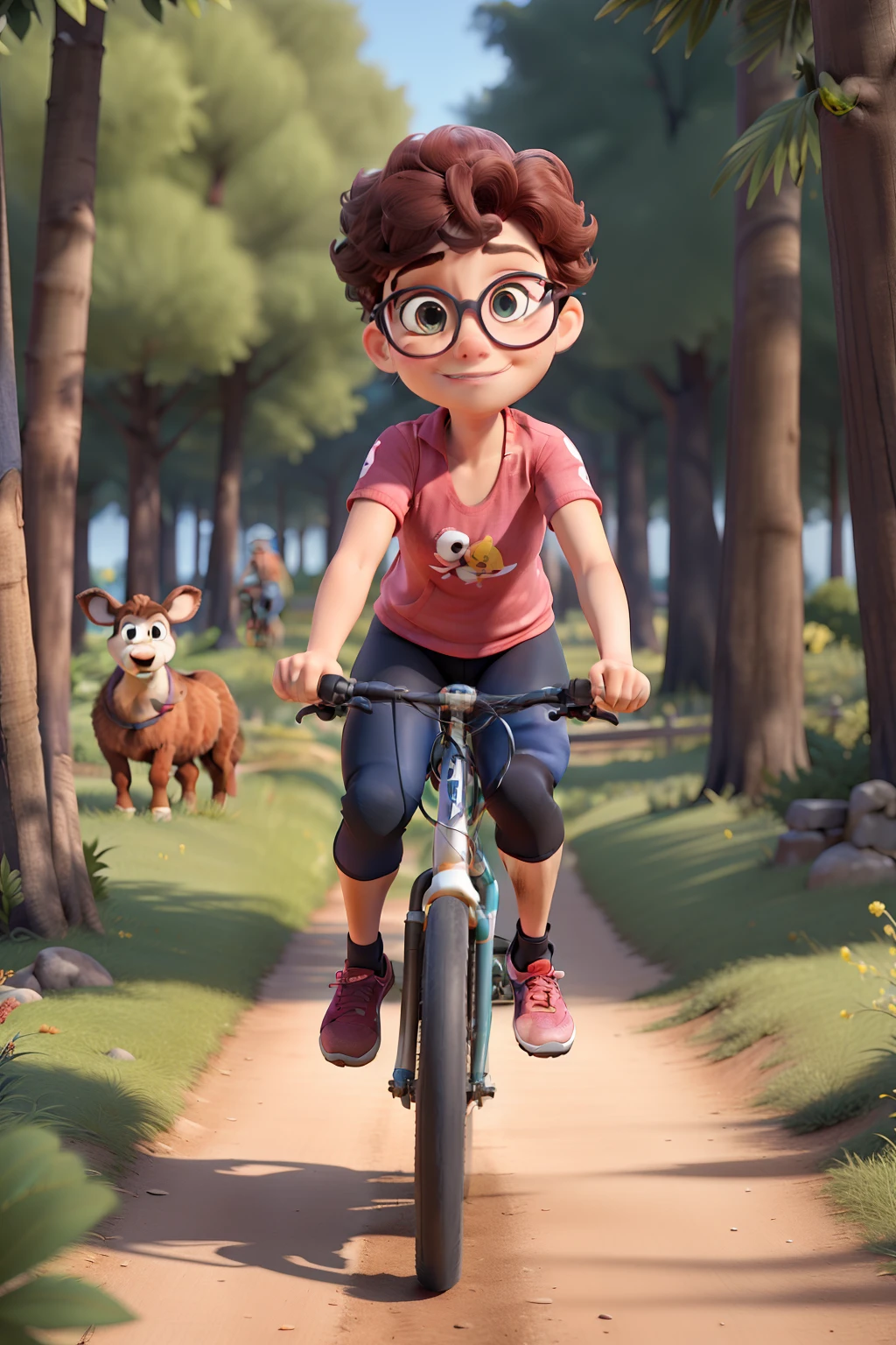 Disney Pixar-inspired 3D poster capturing a scene of a bike trail in the middle of the forest full of cyclists pedaling, eu uma mulher de 50 anos cabelos castanhos claros medios amarrado com rabo de cavalo, capacete rosa escuro, olhos castanhos, Glasses with tinted lenses, roupas de ciclismo preta e rosa e mochila nas costas.