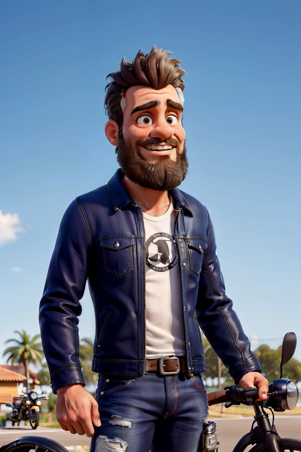 master part, best quality, um velho com barba branca e longos cabelos castanhos, vestindo uma jaqueta de couro e jeans preto, ao lado de sua motocicleta