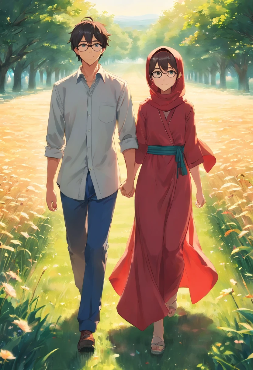 1girl and 1 boy, both 25 years old, light smile, shiny skin, the girl is wearing a beautiful red gown and hijab and the the boy is wearing white shirt and glasses in eyes, best quality, masterpiece, walking in a musterd field holding hands (photorealistic:1.4)