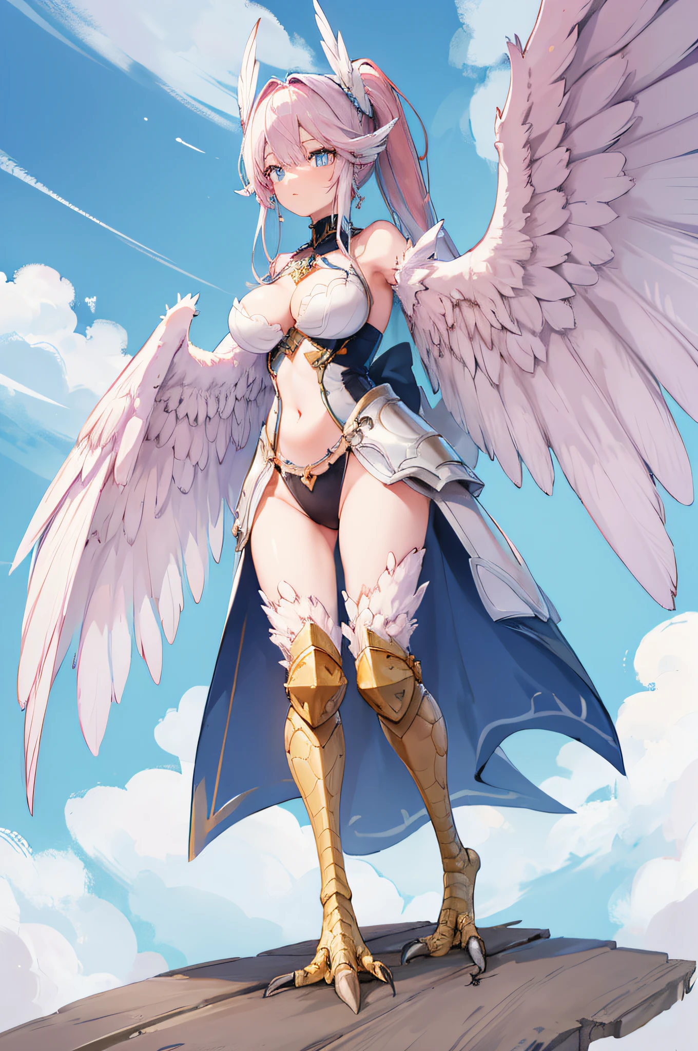 4k,hight resolution,One Woman,harpy,White pink hair,Long ponytail,Light blue eyes,White wings,Golden toenails,White Knight's Armor,Heavy Armor,Winged headgear,Pink Gemstone Decoration