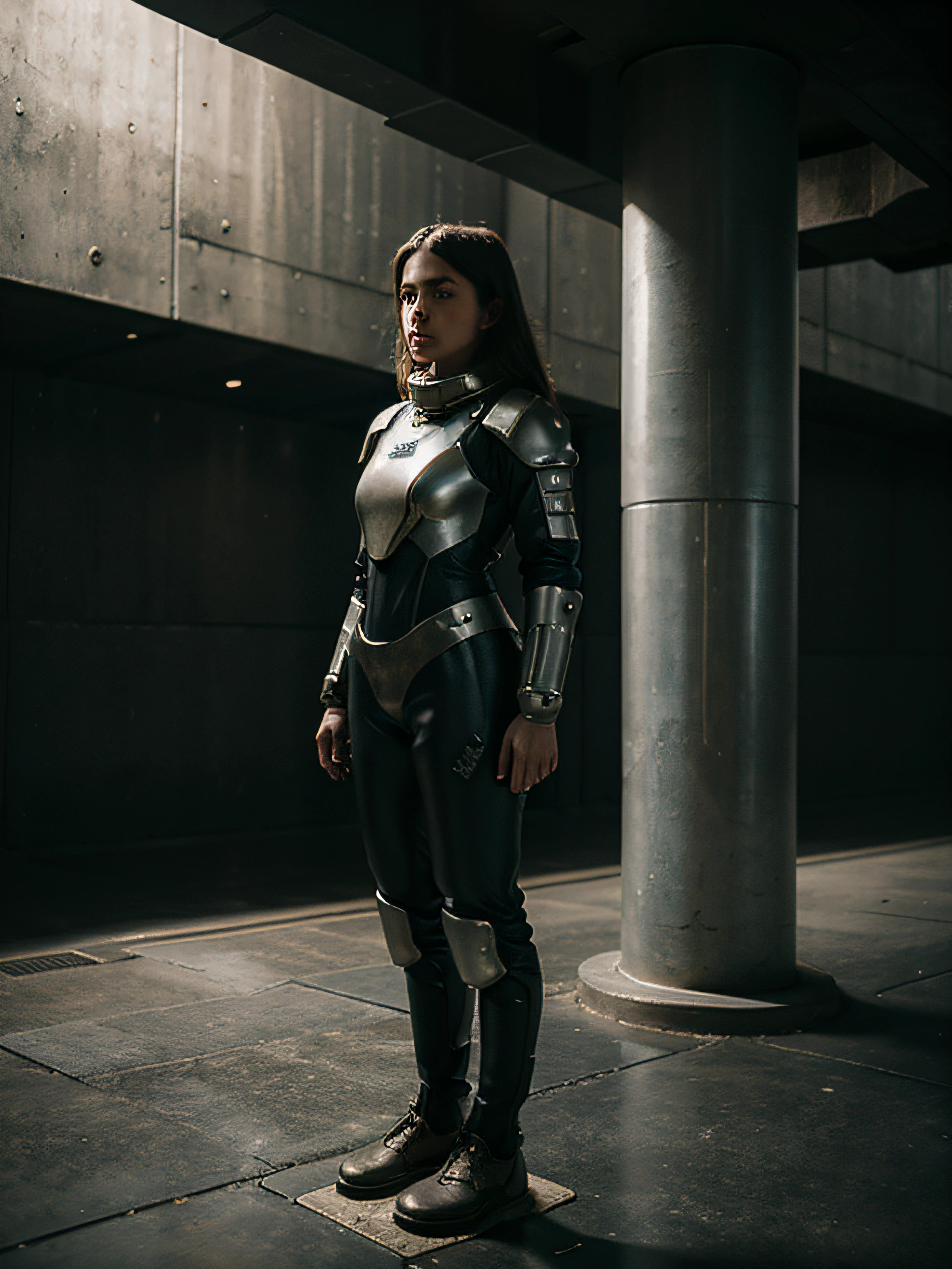 girl in fantasy space suit standing on the stone