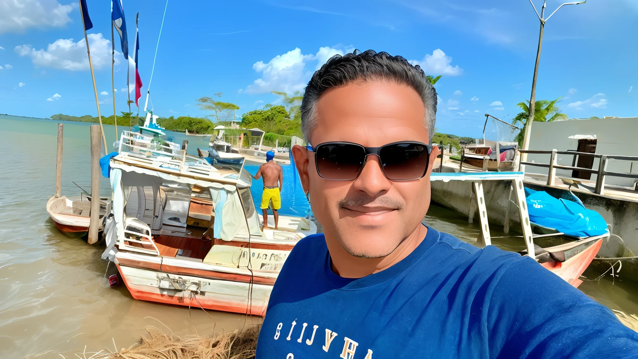 There's a man standing in front of a boat in the water, with water and boats, instagram post, Fotografia selfie 8k, divertindo-se, Tiro no iPhone 1 3 Pro Max, Homem de 4 0 anos, foto no iphone, Tiro no iPhone 1 3 Pro, Directed by: Felipe Seade, tirado no iphone 1 3 pro, tirado no iphone 14 pro