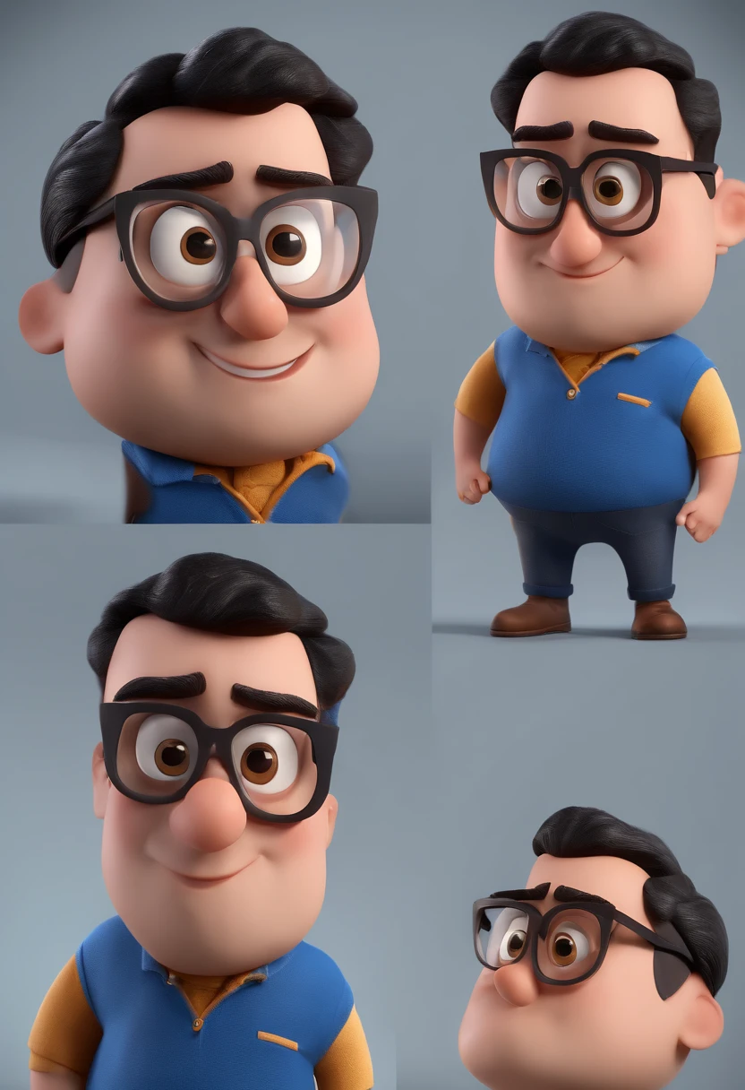 Cartoon character of a man with black glasses and a blue shirt, animation character, Caractere estilizado, animation style rendering, 3D estilizado, Arnold Maya render, 3 d render stylized, toon render keyshot, Personagem 3D, Personagem 3D, 3d rendering stylized, 3 d character render, personagem de desenho animado, Personagem de close up, Pose de personagem,  (Estilo Pixar) (master part:1.2) (Bokeh) (best quality) (pele detalhada) (textura detalhada) (8k) (argila) (Cinematic lighting) (foco nítido