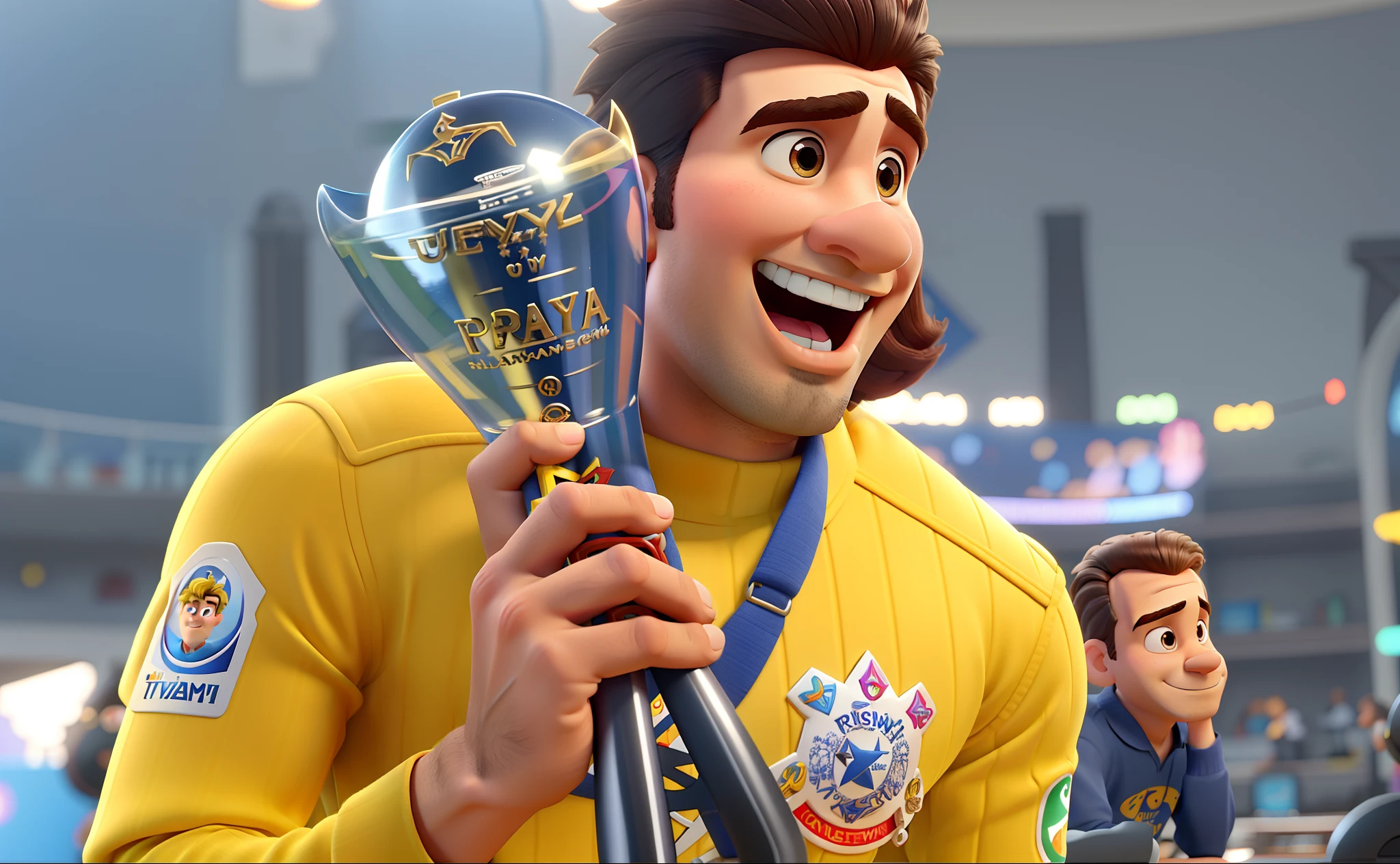Um homem estilo Disney Pixar, cabelo liso e grande, Trophy in hand, alta qualidade, melhor qualidade