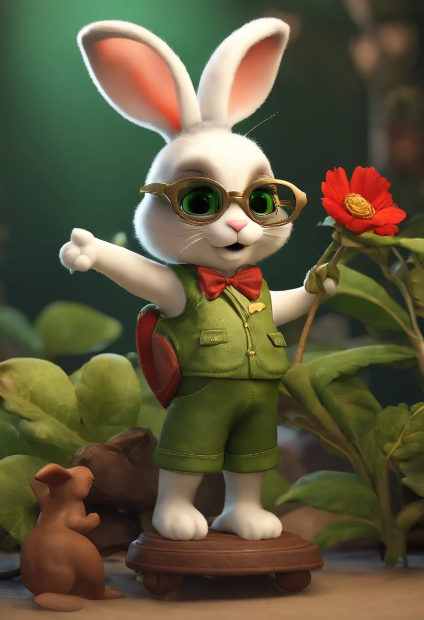 (((Cartoon Character 1.3)))，(((Super cute rabbit)))，A red flower on the head of a rabbit，With a pair of gold wire glasses，Wears a spotted vest on the top，Denim shorts on the bottom，stand posture，(((Holding a green turtle)))，Naughty expression，HD Real，Black eyes，Flying figure，HD picture，Sony SLR lens，Shoot at medium distance，Soft lighting，