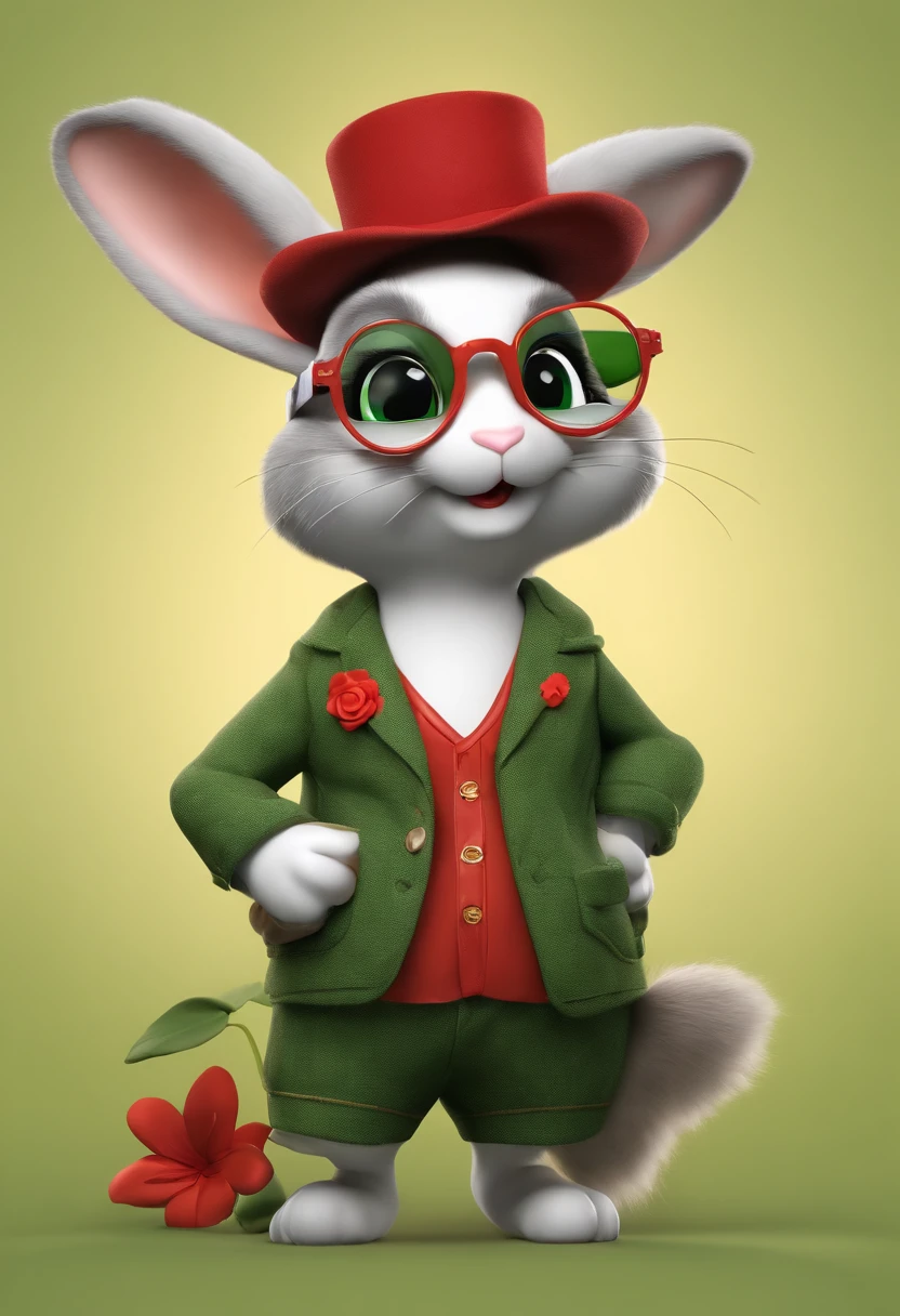 (((Cartoon Character 1.3))),(((Super cute rabbit))),A red flower on the head of a rabbit,With a pair of gold wire glasses,Wears a spotted vest on the top,Denim shorts on the bottom,stand posture,(((Holding a green turtle))),Naughty expression,HD Real,Black eyes,Flying figure,HD picture,Sony SLR lens,Shoot at medium distance,Soft lighting,