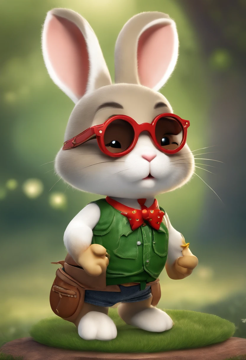 (((Cartoon Character 1.3)))，(((Super cute rabbit)))，A red flower on the head of a rabbit，With a pair of gold wire glasses，Wears a spotted vest on the top，Denim shorts on the bottom，stand posture，(((Holding a green turtle)))，Naughty expression，HD Real，Black eyes，Flying figure，HD picture，Sony SLR lens，Shoot at medium distance，Soft lighting，