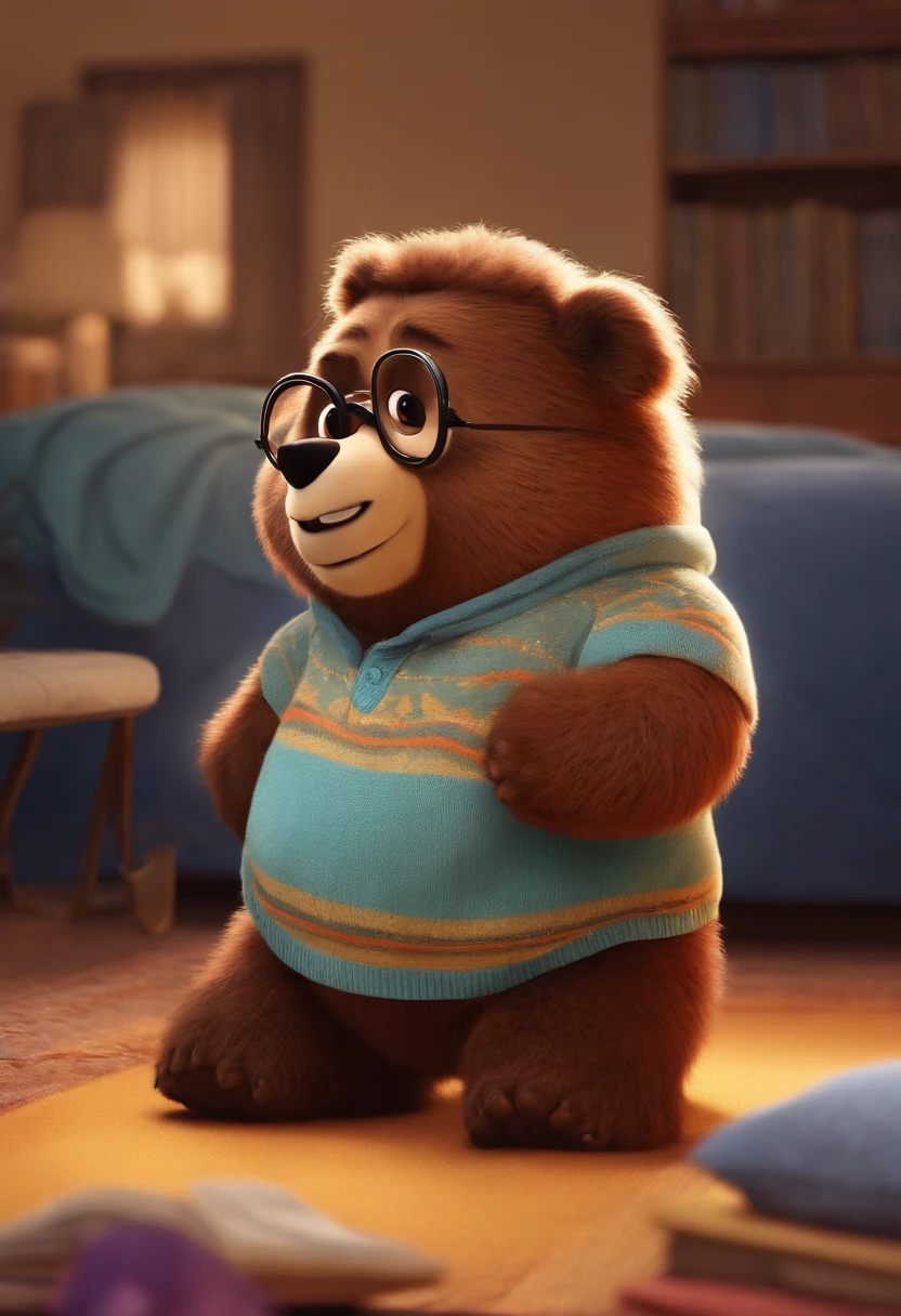 Menino estilo desenho animado, Pixar, wearing round glasses, segurando um urso de pelucia, roupa de escoteiro,
