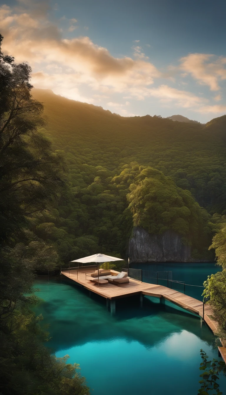 um lago com uma cabana super realista com o ceu azulado