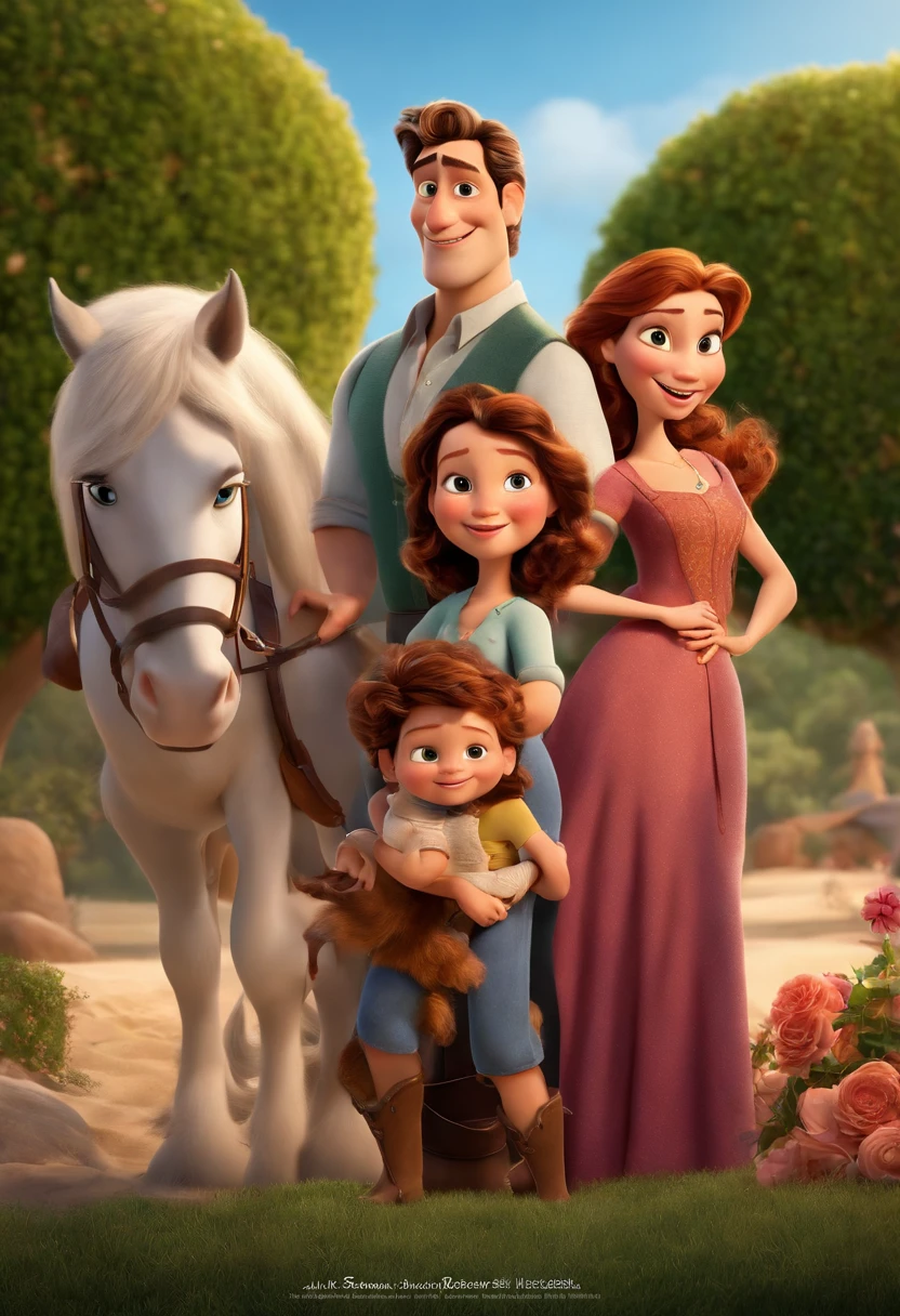 a Disney Pixar movie poster showing a white-skinned family. The father is the tallest, Tem barba curta, loiro, cabelos curtos e espinhosos. The mother has brown eyes and hair, shoulder-length and is slightly overweight. A menina tem 4 anos e cabelos castanhos, roupa rosa e rabos de cavalo. The background is a beach garden. 3D-rendering