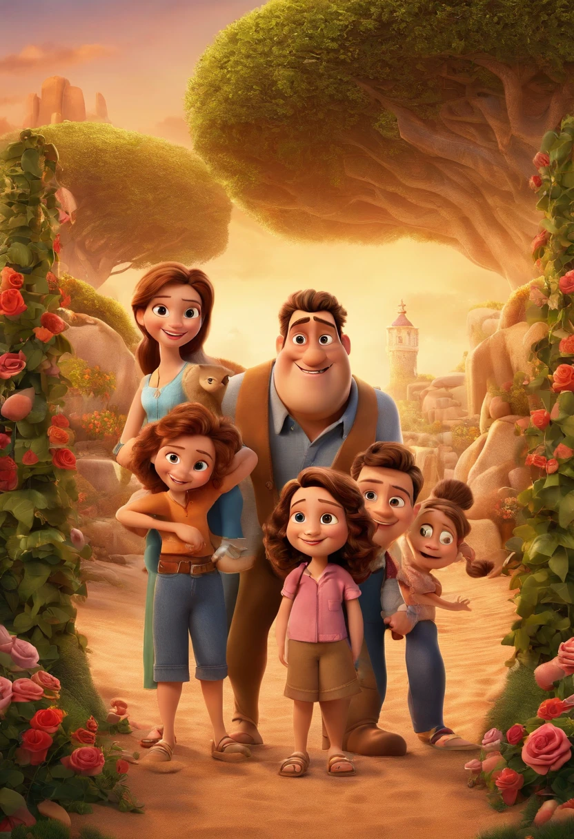 a Disney Pixar movie poster showing a white-skinned family. The father is the tallest, Tem barba curta, loiro, cabelos curtos e espinhosos. The mother has brown eyes and hair, shoulder-length and is slightly overweight. A menina tem 4 anos e cabelos castanhos, roupa rosa e rabos de cavalo. The background is a beach garden. 3D-rendering