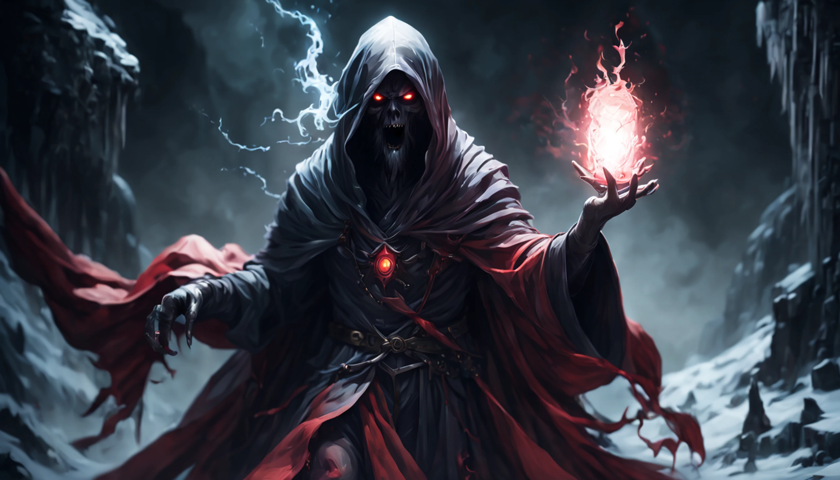 ((8k, very high resolution, masterpiece))), generate a high-resolution image of a wraith, a malevolent spirit that roams the mortal realm in search of souls to claim. The wraith is to be represented as a covert figure, his face obscured by a red cloth and his body shrouded in an ethereal, ghostly mist. The wraith must be holding a flashlight that emits a spectral light, which he uses to guide the souls he deems unworthy of resting until their final destination. The lantern is attached to one of his hands wrapped with a spiked chain, and must swing under his outstretched arm as he points at the viewer. The setting should be dark and frightening, portraying the wraith as a harbinger of death and despair. The background is an icy, dark cave, the light faint, mostly coming from the flashlight of the spectrum. Colors should be soft and menacing, with a focus on shades of red and blue. Use Stable Diffusion to ensure that the generated image is visually consistent and coherent, with a high level of detail and realism.