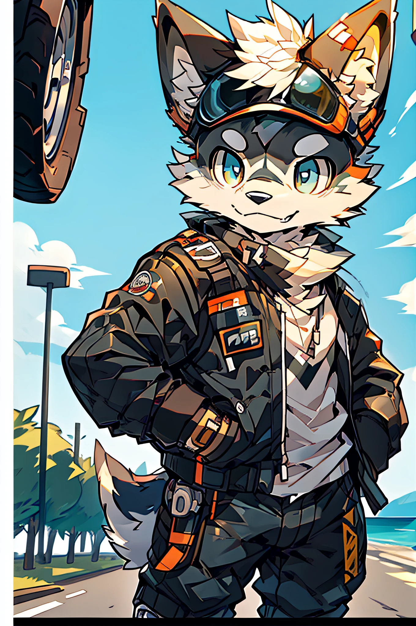(Man driving a motorcycle)comic strip、Anthropomorphic Border Collie Dog、cyberpunked