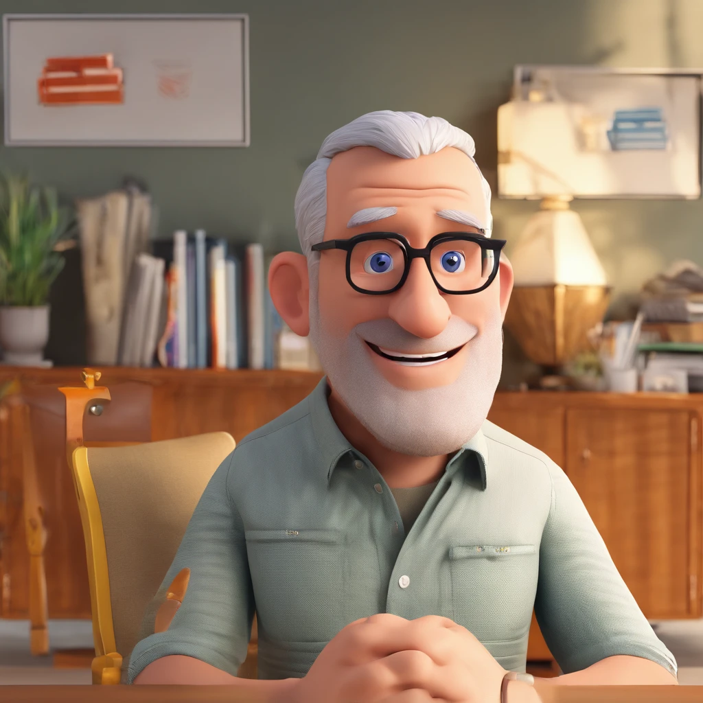 Crie um cartaz inspirado na Disney Pixar com o personagem sendo o Jason Statham, A gray-haired man wearing glasses, In an office with a Freud book on the desk