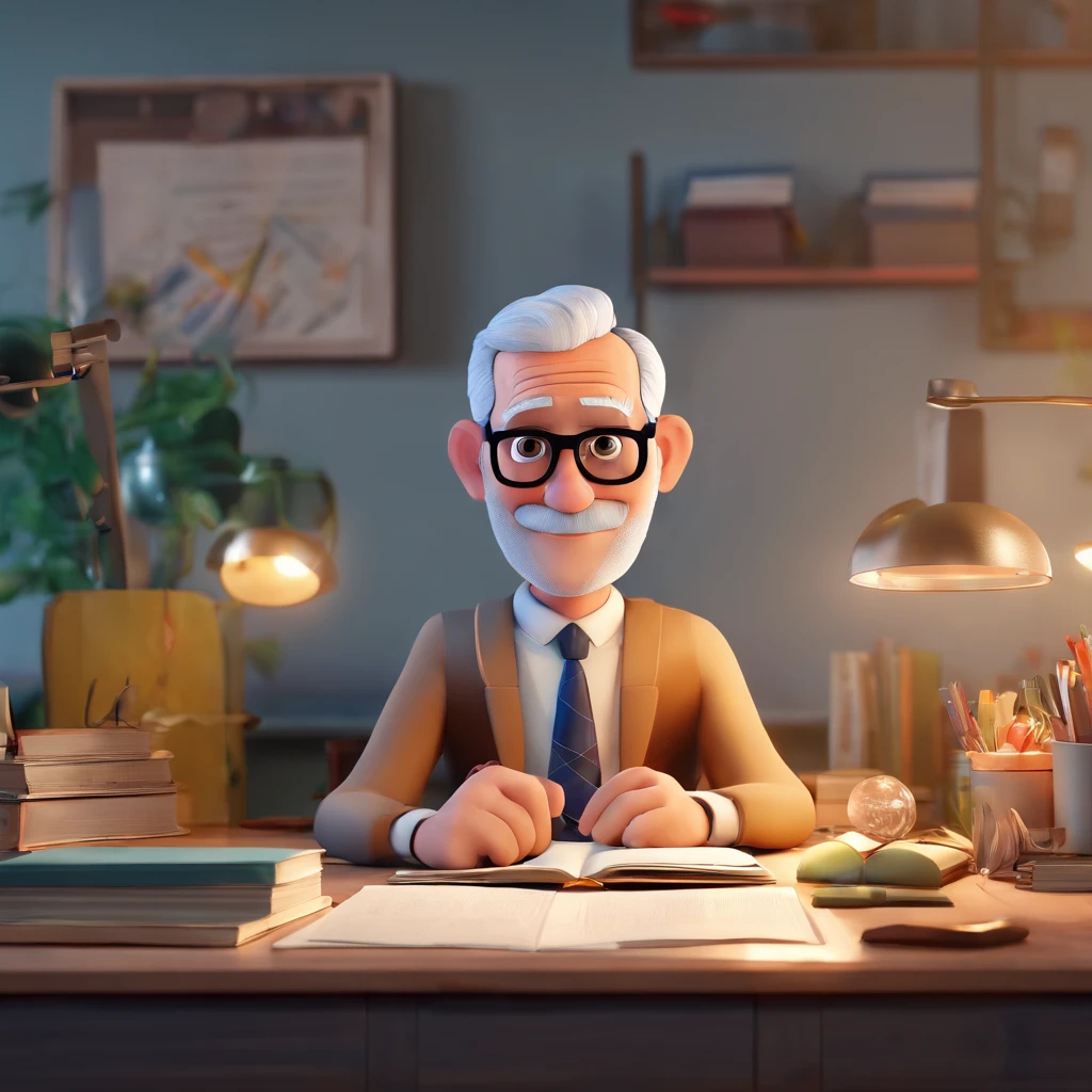 Crie um cartaz inspirado na Disney Pixar com o personagem sendo o Jason Statham, A gray-haired man wearing glasses, In an office with a Freud book on the desk