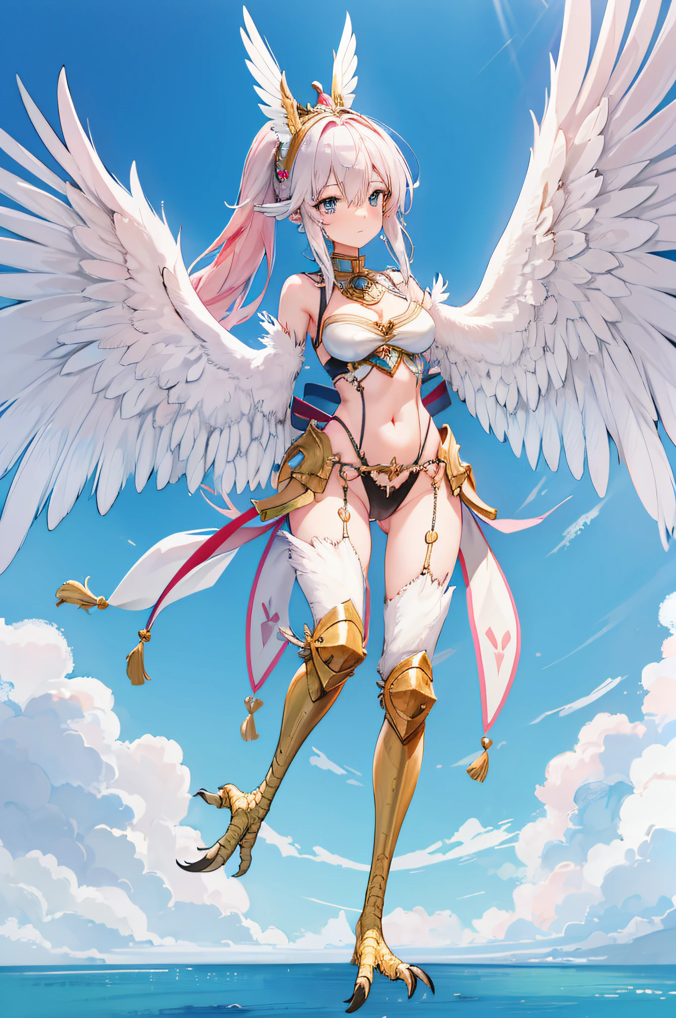 4k,hight resolution,One Woman,harpy,White pink hair,Long ponytail,Light blue eyes,White wings,Golden toenails,valkyrie,White Knight's Armor,Heavy Armor,Winged headgear,Pink Gemstone Decoration,Temple in the Sky