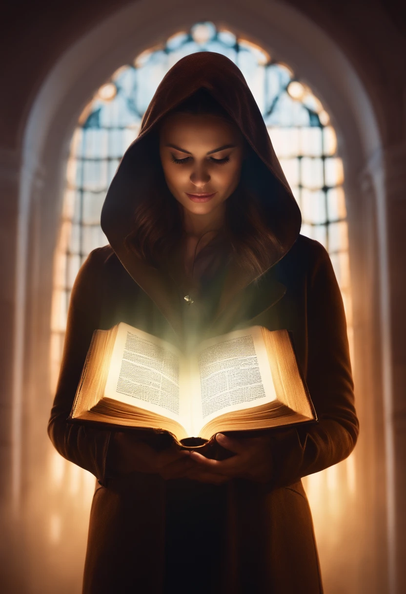 A person standing, holding an open Bible with a bright light coming out of it, while envious and gloomy faces are fading into the background.