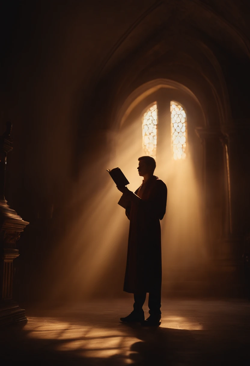 A person standing, holding an open Bible with a bright light coming out of it, while envious and gloomy faces are fading into the background.