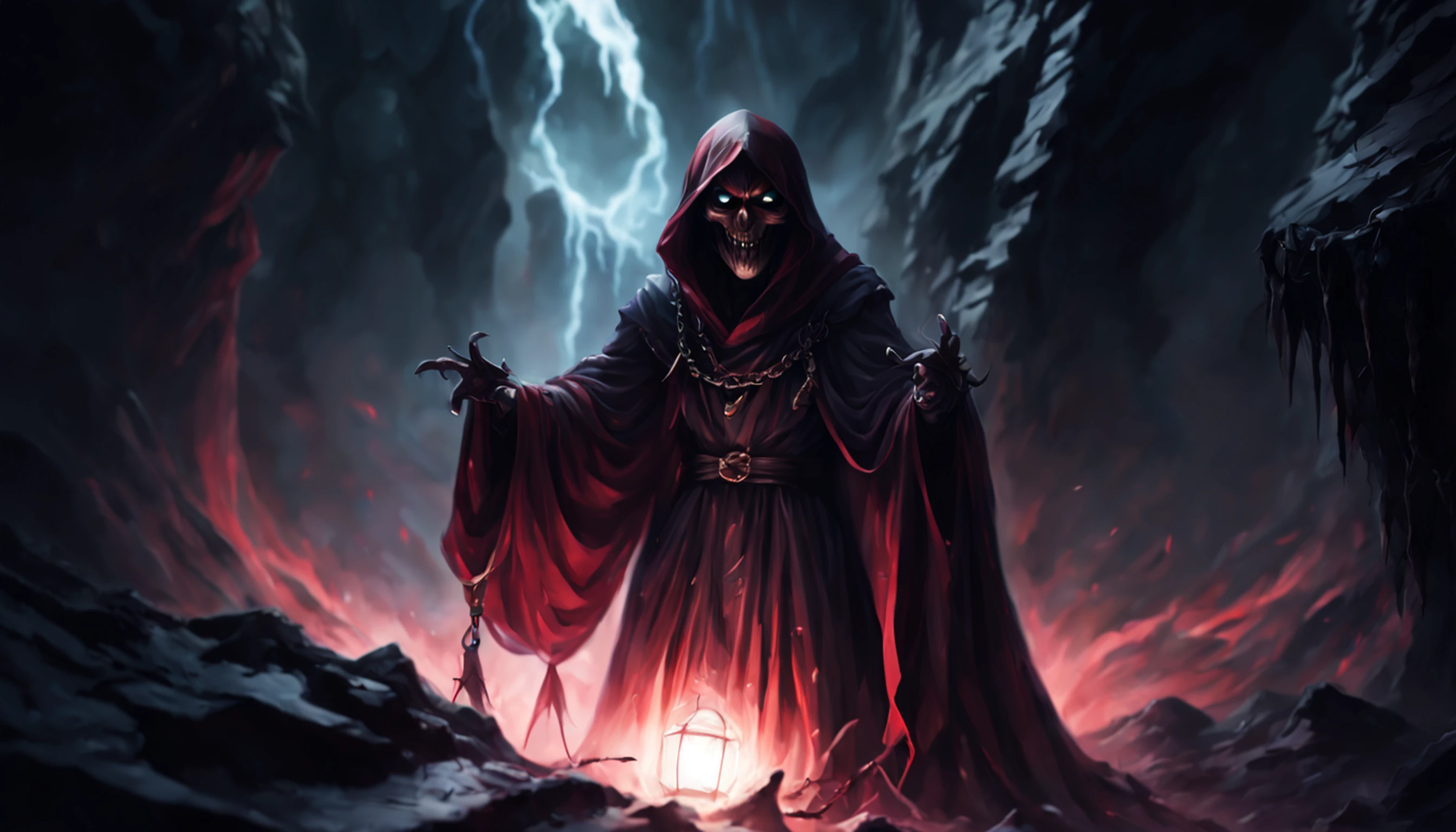 ((8k, very high resolution, masterpiece))), generate a high-resolution image of a wraith, a malevolent spirit that roams the mortal realm in search of souls to claim. The wraith is to be represented as a covert figure, his face obscured by a red cloth and his body shrouded in an ethereal, ghostly mist. The wraith must be holding a flashlight that emits a spectral light, which he uses to guide the souls he deems unworthy of resting until their final destination. The lantern is attached to one of his hands wrapped with a spiked chain, and must swing under his outstretched arm as he points at the viewer. The setting should be dark and frightening, portraying the wraith as a harbinger of death and despair. The background is an icy, dark cave, the light faint, mostly coming from the flashlight of the spectrum. Colors should be soft and menacing, with a focus on shades of red and blue. Use Stable Diffusion to ensure that the generated image is visually consistent and coherent, with a high level of detail and realism.