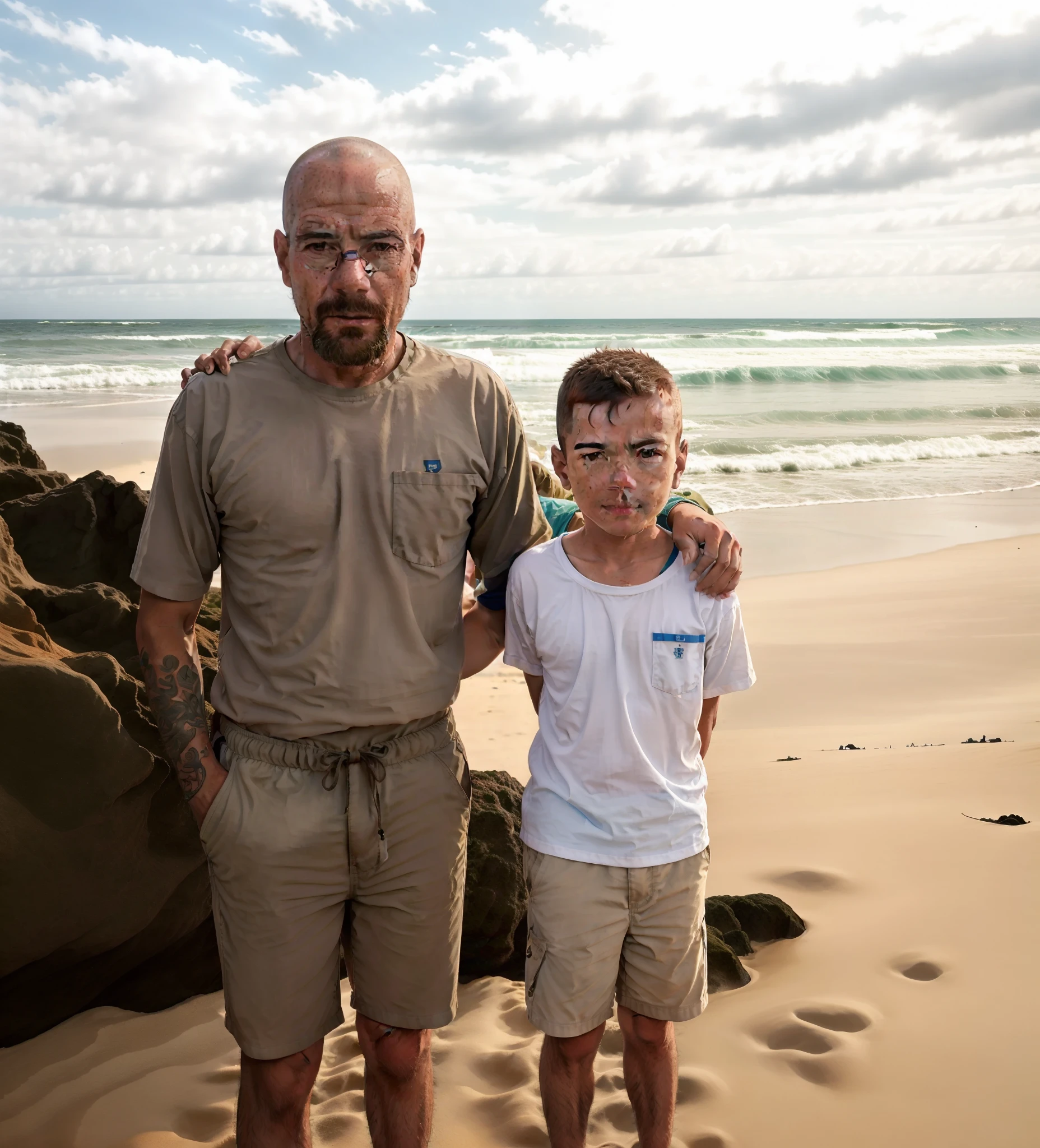 There's a man and a boy on the beach posing for a picture, mateus 9 5, na praia, with a kid, na praia, caio santos, Directed by: Nandor Soldier, em uma praia, Homens de 45 anos, na praia, foto de praia, na praia, icaro carvalho