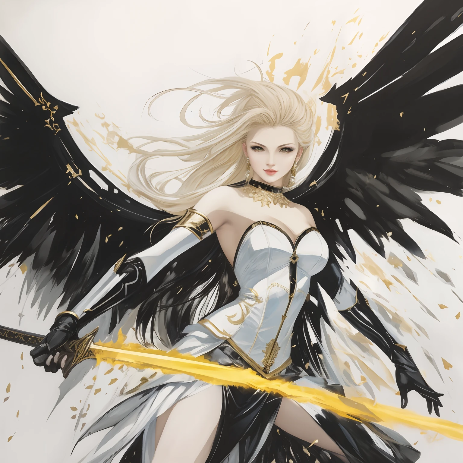 a drawing of a woman with a sword and wings, white dress with gold trim, inspired by Dustin Nguyen, by Dustin Nguyen, rossdraws 2. 0, rossdraws 2. 5, artgerm and rossdraws, rossdraws 1. 0, chris bachalo comic art, angel knight girl, inspired by rossdraws, inspired by Jeffrey Catherine Jones, chris bachalo, angel with black wings