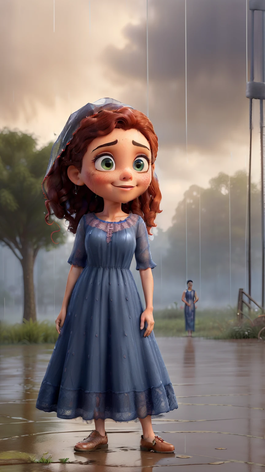 ((best quality, 8k, vestido de renda maxi, Standing in the rain, Distrito da Luz Vermelha, Textura altamente detalhada do rosto e da pele, Olhos detalhados, double eyelids.)