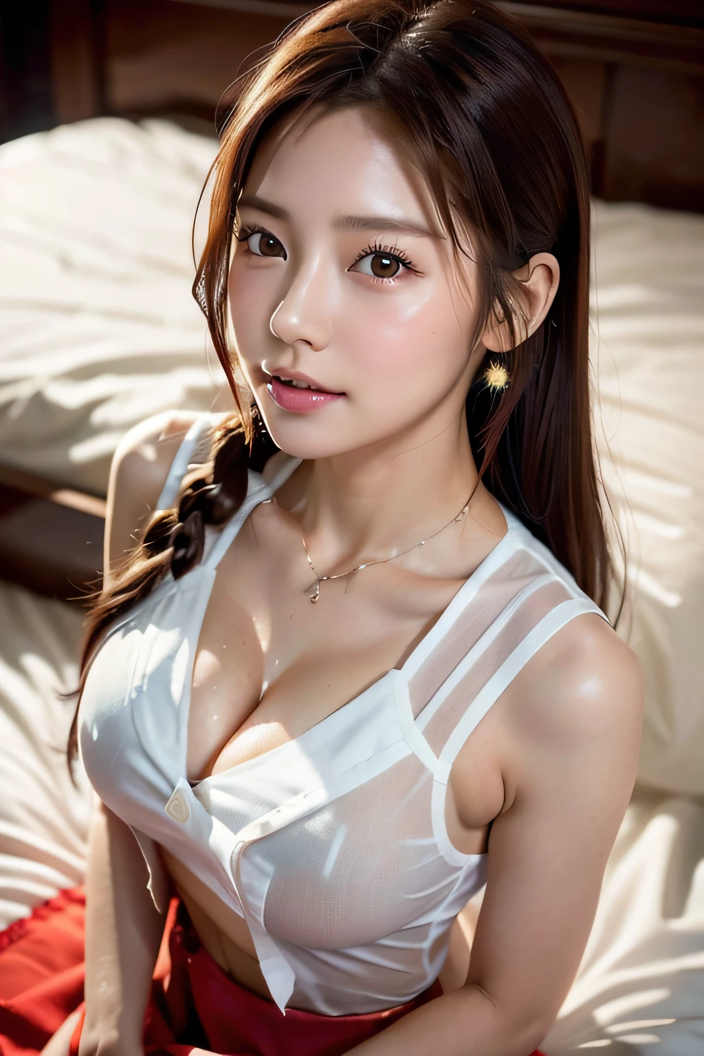 one girls、Blushing cheeks、gazing at viewer、large full breasts、A sheer white sailor suit that sticks to the chest、skirt by the、Girl in Japan uniform、Wet face,wetted skin、a wet body、wet costume、Wet hair、flower、hair pin、a necklace、piercings、from below looking up、depth of fields、pointed red mouth、short hair of reddish-brown color wet and shiny,,Ponytail decorated with elaborate braids and beads,Red mouth,鎖骨、Beautiful fingers、portrait of a full body、Loosen your tie、Wet cute face、Bedroom、(Lie down on the bed:1.3)、(Lying on your back on the bed:1.3)、Dynamic and sexy poses、Angles that look super sexy、