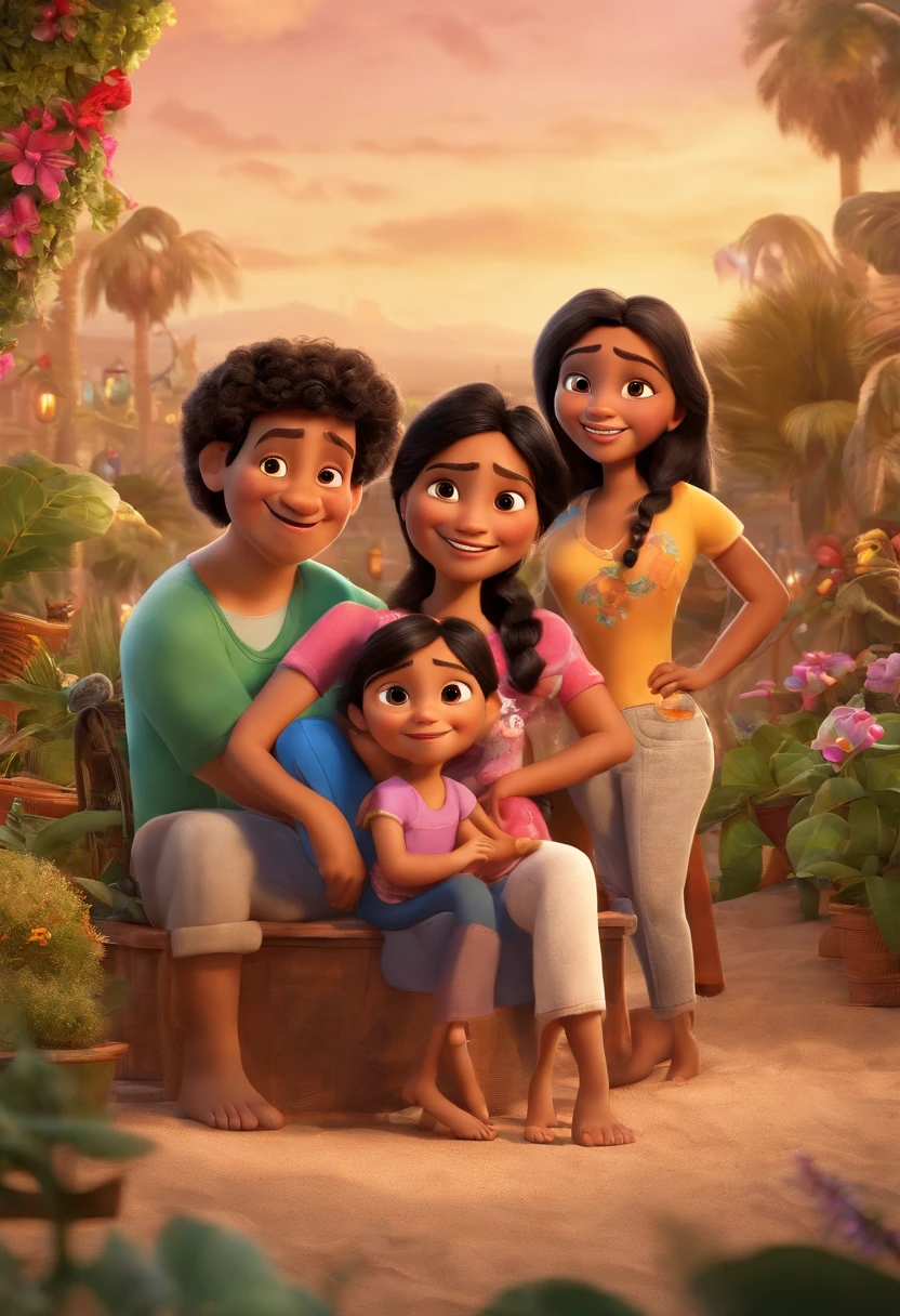 a Disney Pixar movie poster showing a Latino family. The father is the tallest, Tem barba longa, moreno, cabelos curtos e espinhosos. The mother has black eyes and black hair, shoulder-length and is slightly overweight, com franja. A tem 4 anos e cabelos cacheados, roupa rosa. The background is a beach garden. 3D-rendering
