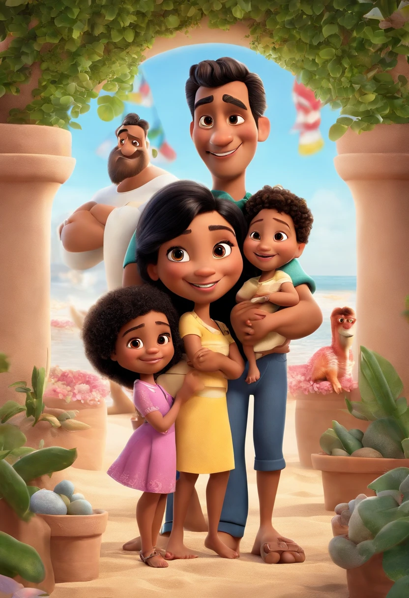 a Disney Pixar movie poster showing a Latino family. The father is the tallest, Tem barba longa, moreno, cabelos curtos e espinhosos. The mother has black eyes and black hair, shoulder-length and is slightly overweight, com franja. A menina tem 4 anos e cabelos cacheados, roupa rosa. The background is a beach garden. 3D-rendering