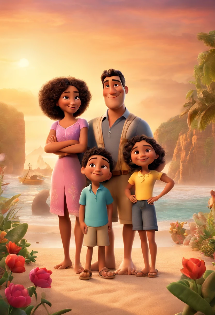 a Disney Pixar movie poster showing a Latino family. The father is the tallest, Tem barba longa, moreno, cabelos curtos e espinhosos. The mother has black eyes and black hair, shoulder-length and is slightly overweight, com franja. A  tem 4 anos e cabelos cacheados, roupa rosa. The background is a beach garden. 3D-rendering