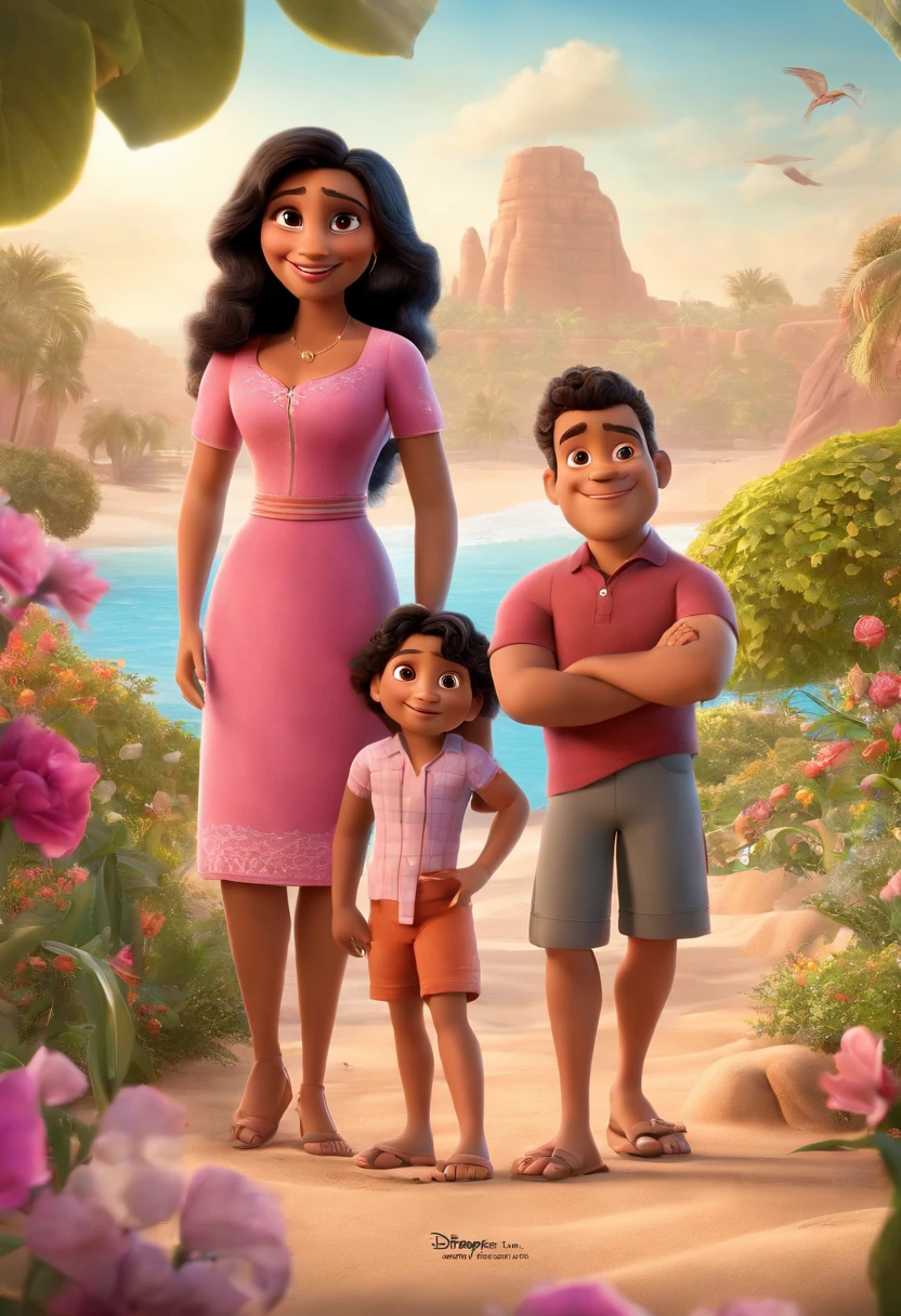 a Disney Pixar movie poster showing a Latino family. The father is the tallest, Tem barba longa, moreno, cabelos curtos e espinhosos. The mother has black eyes and black hair, shoulder-length and is slightly overweight, com franja. A tem 4 anos e cabelos cacheados, roupa rosa. The background is a beach garden. 3D-rendering