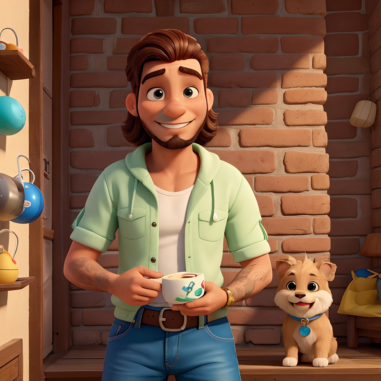 Fazer 1 homem e uma mulher, abracados pessoas detalhado, com baloes, universo disney PIXAR com cores vibrantes, texturas, mulher de 28 ano, brasileira, cabelo loiro, tamanho medio e solto, vestindo preto, usando brincos em tom prata, colar, pulseira e anel. On his left hand he wears a wedding ring. olhos verdes. On her foot is wearing a beautiful white sneaker, on her lap is her two dogs Yorkshire Apso breed, cor creme e sorridente e segurando uma bolinha de cachorro com homem moreno claro, 31 anos com barba, abrancando a mulher