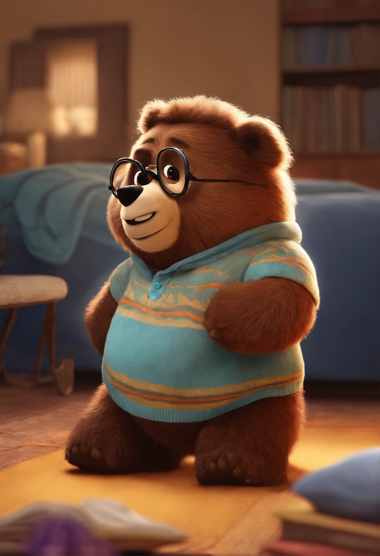estilo desenho animado, Pixar, wearing round glasses, segurando um urso de pelucia, roupa de escoteiro,
