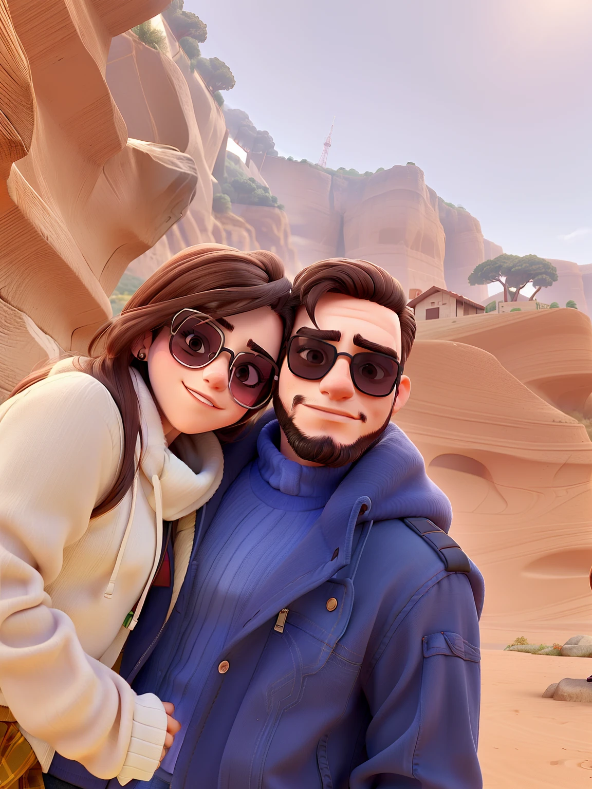Young couple with sunglasses and passionate look. O jovem rapaz tem barba no rosto todo. The two of them are in a very beautiful background landscape
