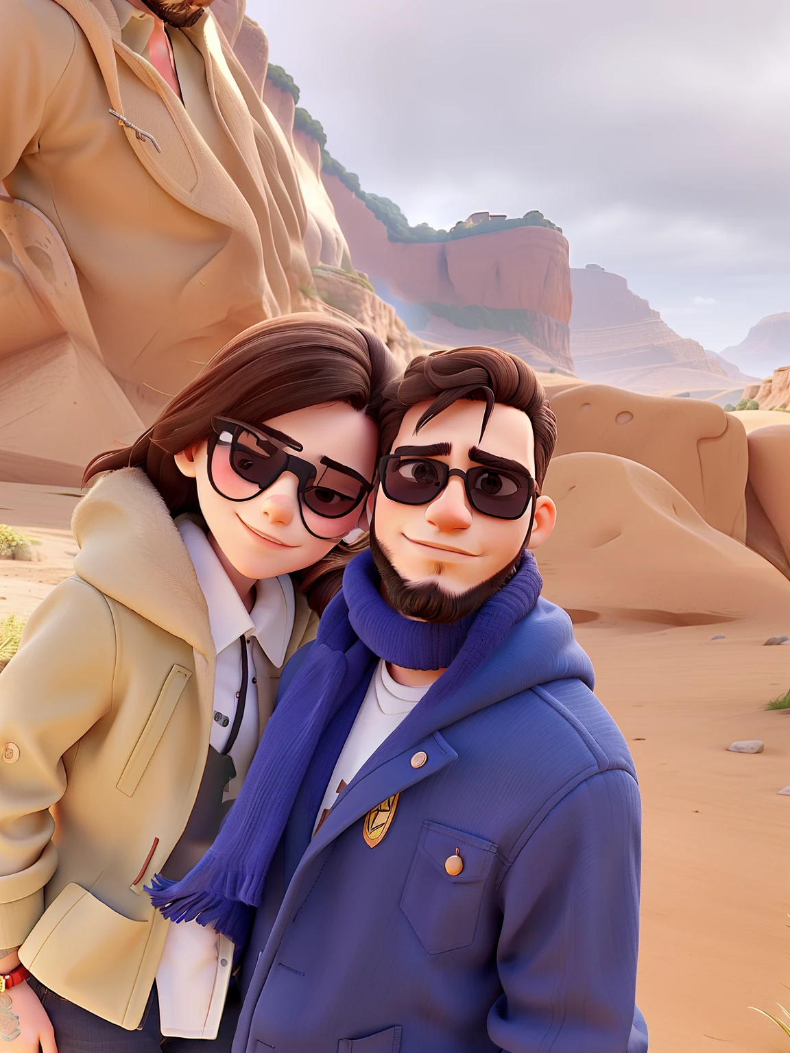 Young couple with sunglasses and passionate look. O jovem rapaz tem barba no rosto todo. The two of them are in a very beautiful background landscape