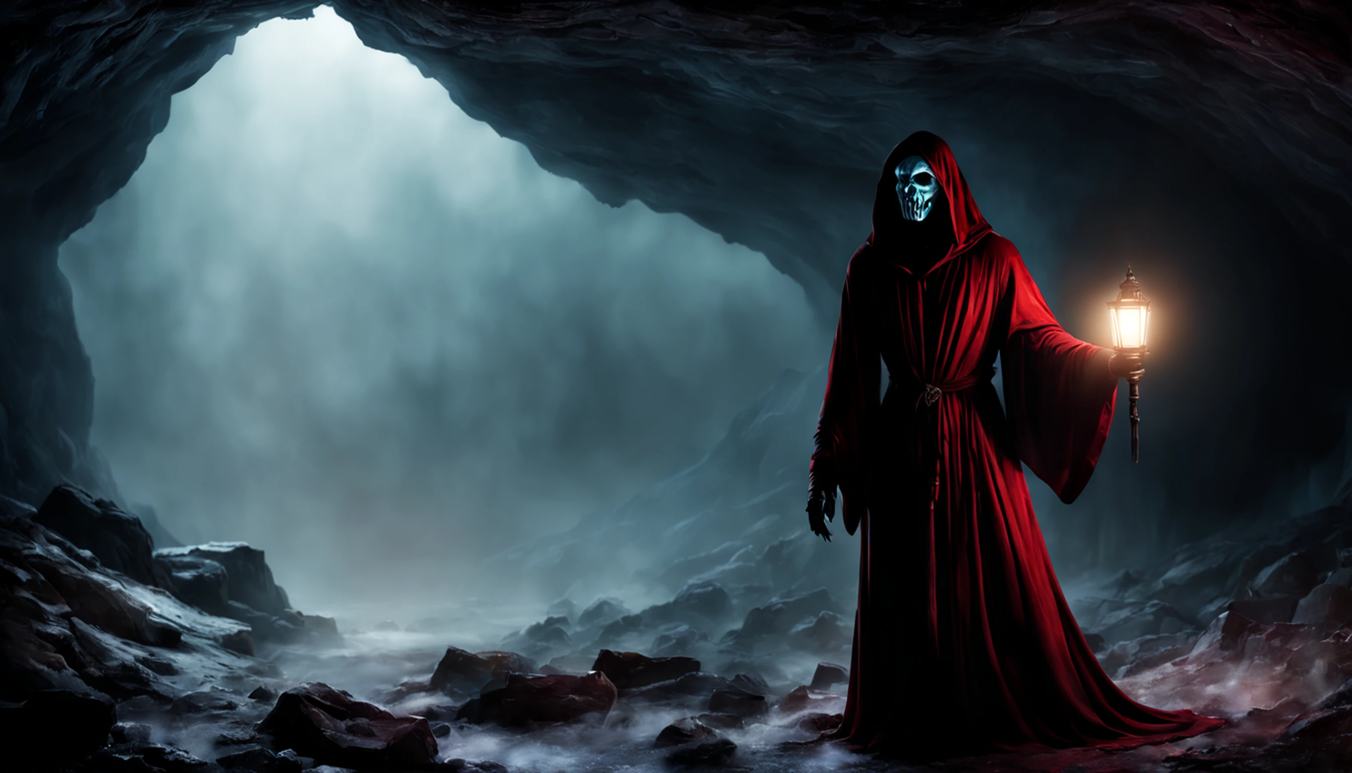 ((8k, very high resolution, masterpiece))), generate a high-resolution image of a wraith, a malevolent spirit that roams the mortal realm in search of souls to claim. The wraith is to be represented as a covert figure, his face obscured by a red cloth and his body shrouded in an ethereal, ghostly mist. The wraith must be holding a flashlight that emits a spectral light, which he uses to guide the souls he deems unworthy of resting until their final destination. The lantern is attached to one of his hands wrapped with a spiked chain, and must swing under his outstretched arm as he points at the viewer. The setting should be dark and frightening, portraying the wraith as a harbinger of death and despair. The background is an icy, dark cave, the light faint, mostly coming from the flashlight of the spectrum. Colors should be soft and menacing, with a focus on shades of red and blue. Use Stable Diffusion to ensure that the generated image is visually consistent and coherent, with a high level of detail and realism.