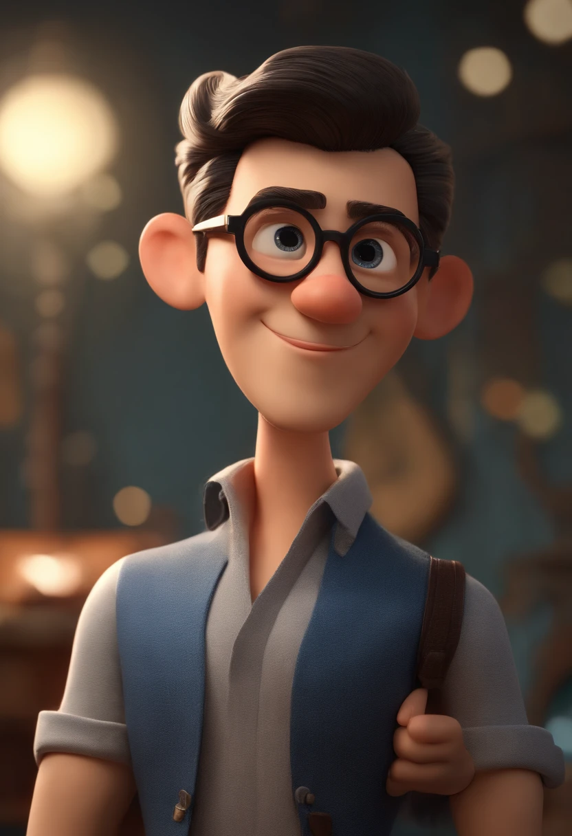 Cartoon character of a man wearing black glasses and a blue shirt, um personagem animado, Caractere estilizado, animation style rendering, 3D estilizado, Arnold Maya render, 3 d render stylized, toon render keyshot, Personagem 3D, Personagem 3D, 3d rendering stylized, 3 d character render, personagem de desenho animado, Personagem de close up, Pose de personagem, (Estilo Pixar) (master part:1.2) (Bokeh) (best quality) (pele detalhada) (textura detalhada) (8k) (argila) (Cinematic lighting) (foco nítido