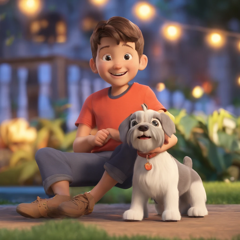 Lucas is a smiling 5-year-old human boy, com seu fiel amigo, Bolt, o cachorro schnauzer, deitados no jardim