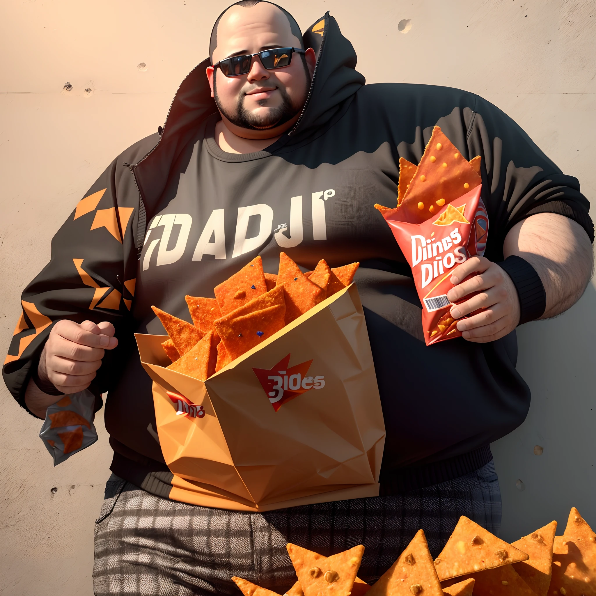 3d image of a 37 year old chubby man with a Doritos snack in his hand