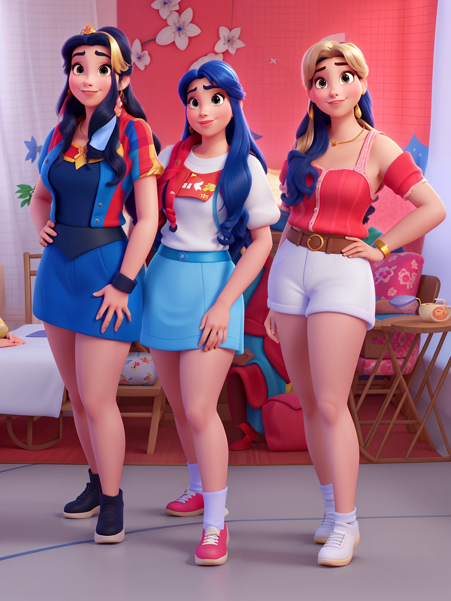 Three beautiful milherrs in Disney Pixar style, alta qualidade, melhor qualidade