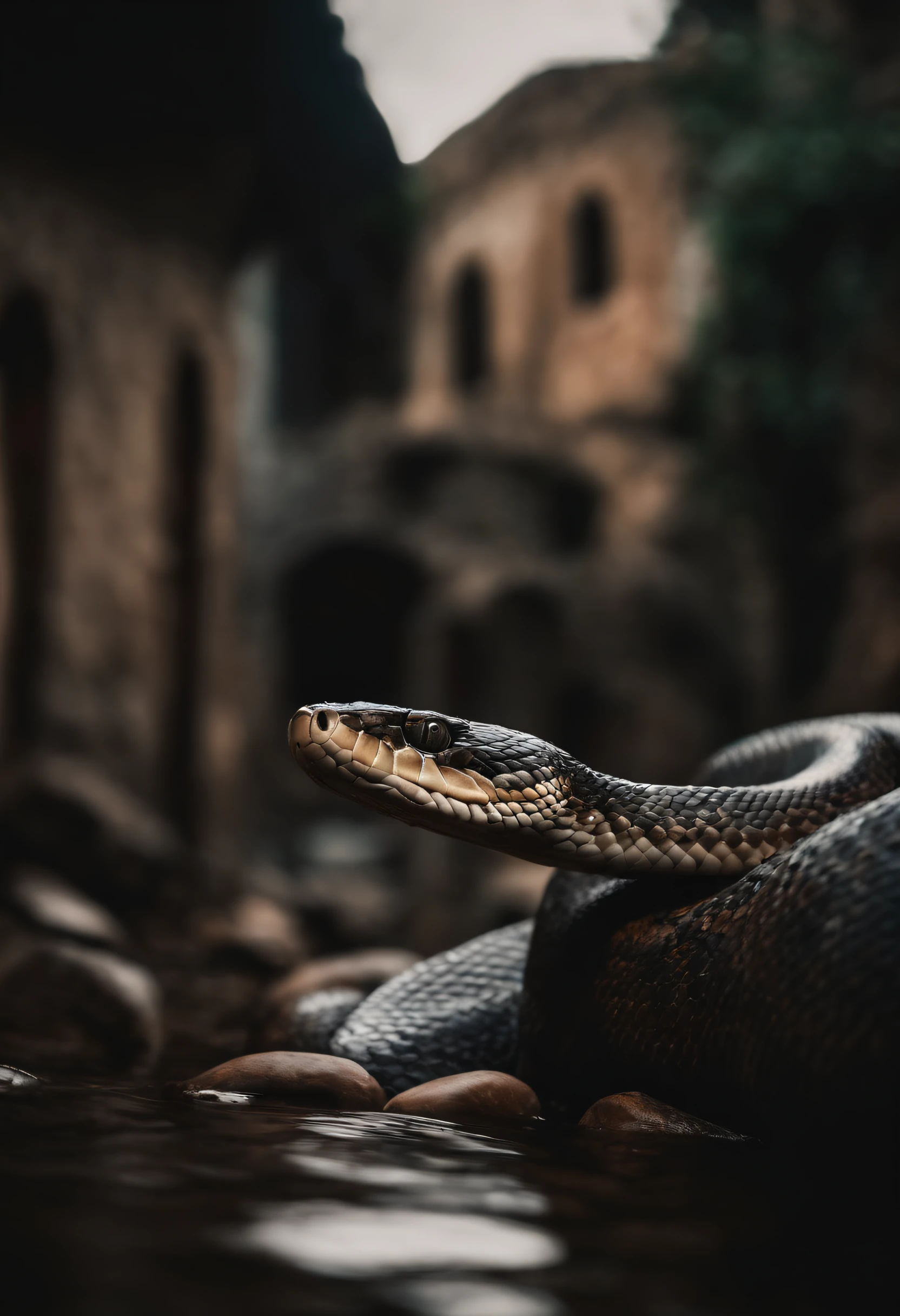 serpente com olhos vermelhos e presas afiadas, enrolada em uma ancora