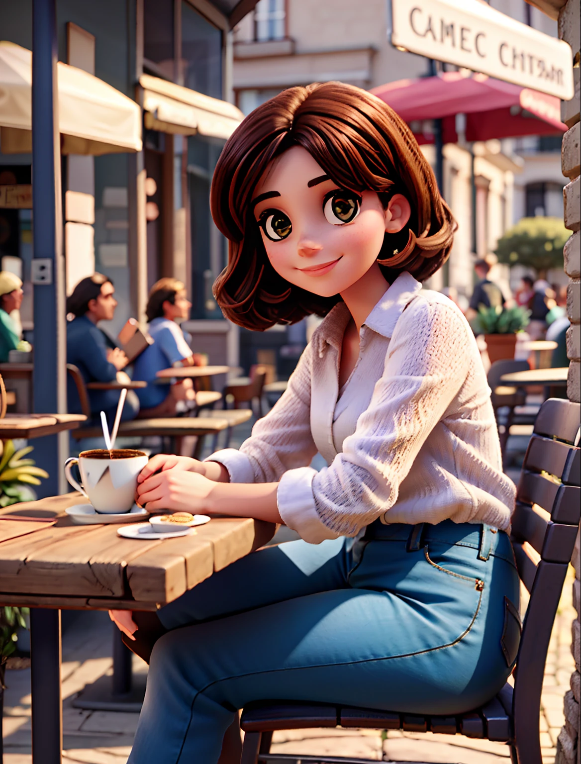 Beautiful French woman sitting and sipping coffee outside the street side in a small café, beautiful face, cabelo preto curto com olhos azuis e sombra pesada, vestindo roupas bonitas e elegantes, grande estilo de moda, looking at you with loving eyes and a soft smile, Background is a European city of the city center, Fundo desfocado, profundidade de campo rasa, Cinematic light, luz suave, retroiluminado, micro-detalhes, fotorrealismo, fotorrealista, cinemactic, 85mm 1.4