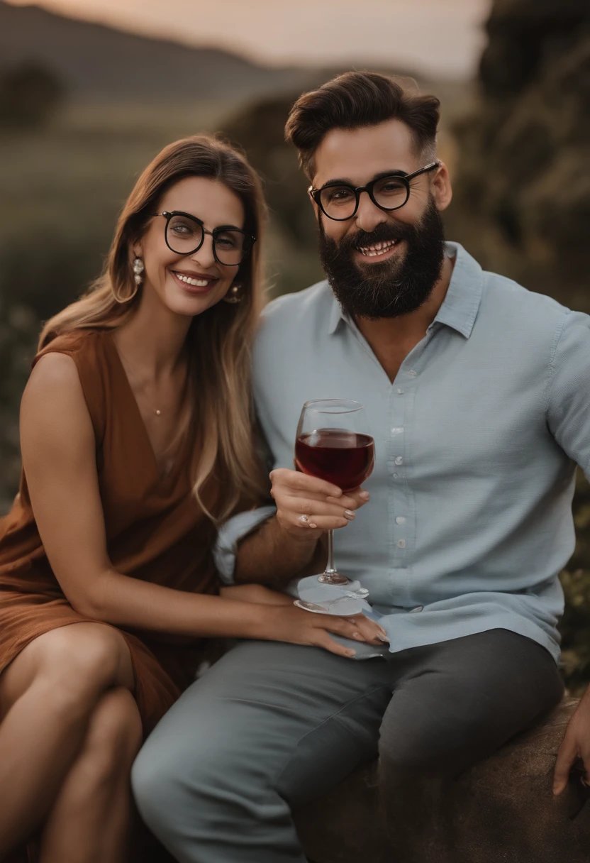 A imagem mostra uma mulher e um homem posando juntos para uma foto. Woman is drinking a glass of wine, with a look of surprise or amusement on your face. Ela tem cabelos longos e escuros, And she's wearing an ear ring. The man is posing next to her, with an expression of discomfort or humor. He has a grown beard and is wearing rectangular glasses. Both people are wearing casual clothes. The woman is wearing a short dress and the man is wearing a sweatshirt. The photo captures a moment of levity and fun between the two, com a mulher bebendo vinho e o homem posando ao lado dela. Generate the image in pixar 3d animation format