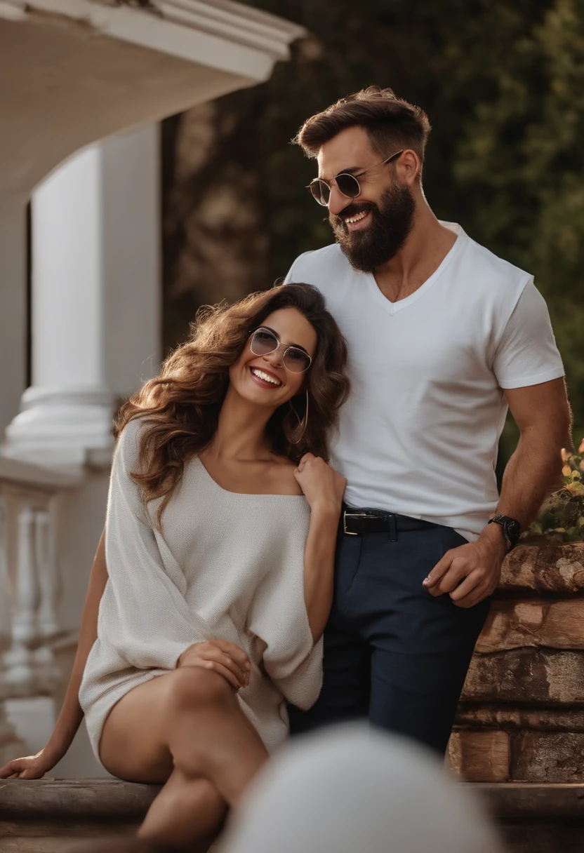 Pixar. Casal com um filhote de cachorro beagle marrom. A menina tem os cabelos loiros amarrados, Camiseta cinza e jeans claro, white glasses. O menino de cabelos pretos com cabelos grisalhos, barba pequena, oculos, Dark blue jeans and gray t-shirt. They are both smiling and are 40 years old